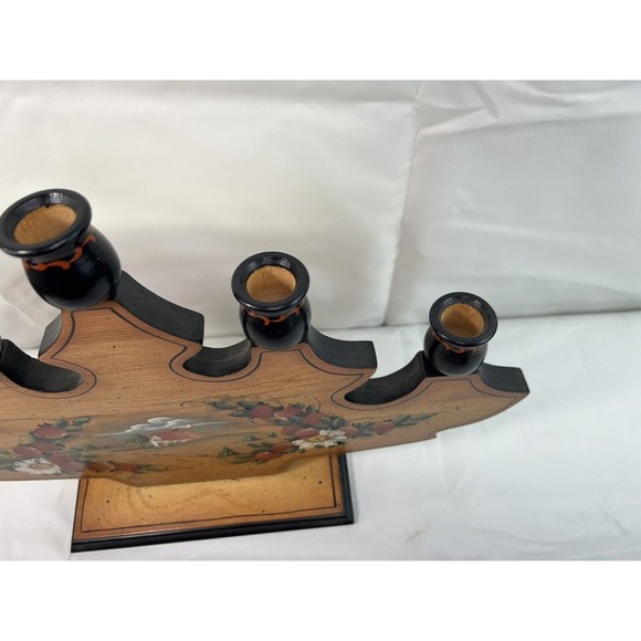 Vtg 1984 Hand Painted Country Scent Floral 5 Arm Wood Candle Holder Signed 18” - Picture 8 of 10